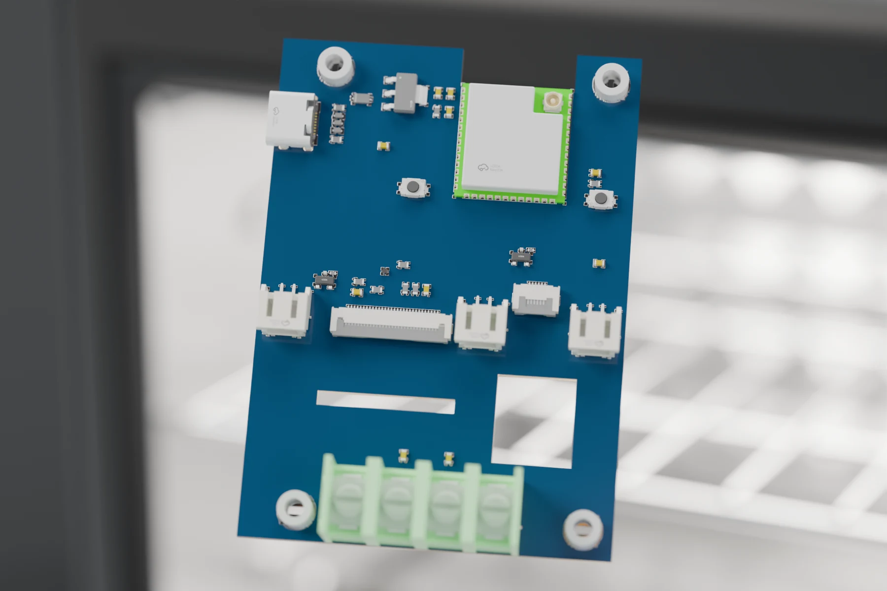Close-up of a reflowed PCB with soldered components