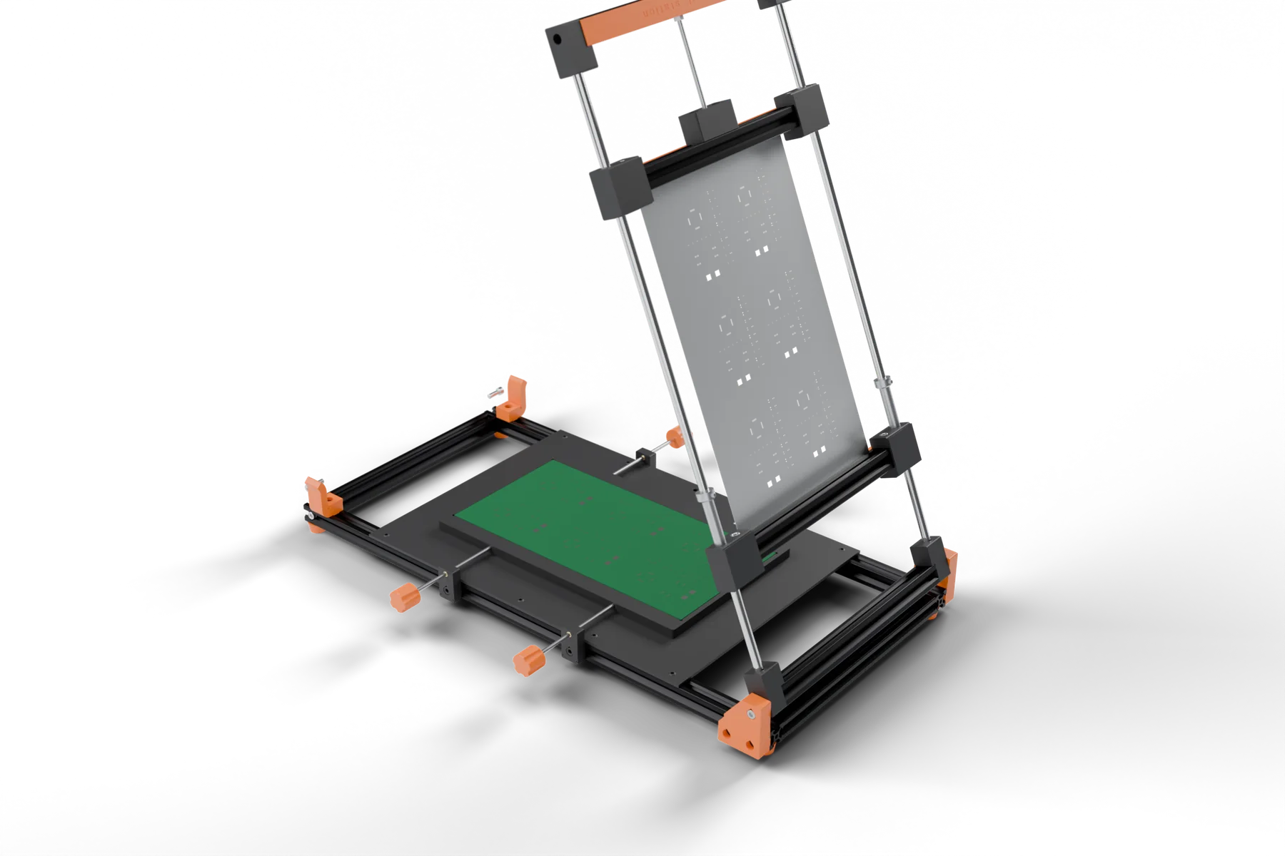 StencilStation with the stencil frame swung open over a PCB