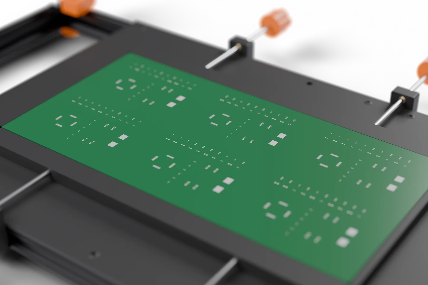 PCB after one squeegee pass, solder paste on every pad